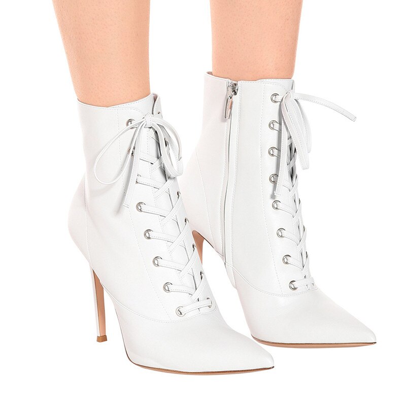 Ladies High Heeled Boots Lace Up Leather Boots Pointed Toe Ankle Boots Zipper Closure