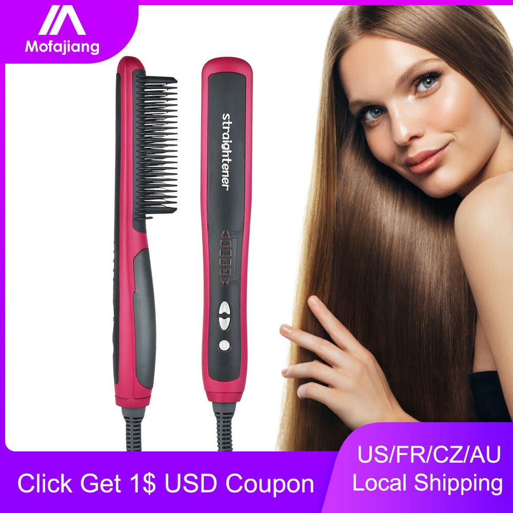 Multifunctional Ceramic Heating Hair Straightener Comb Smooth Beard Brush Dry and Wet Double Use Quick Styling Tools for Curly