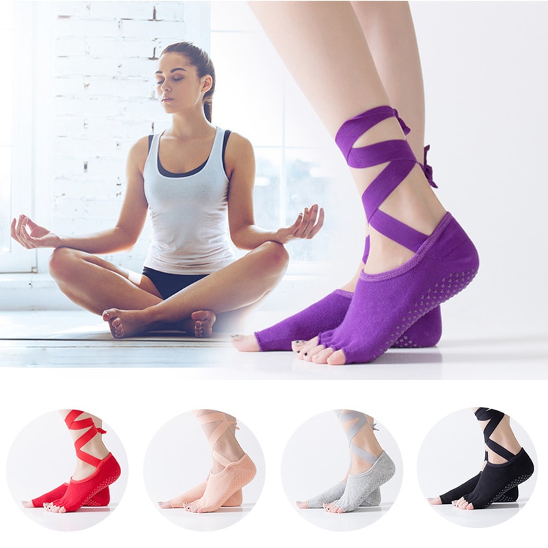 #39 öppna femtåiga yogastrumpor med bandage, snörning, andningsbara, halkfria, pilates, barre-dans, gym, fitness, sportstrumpor med grepp