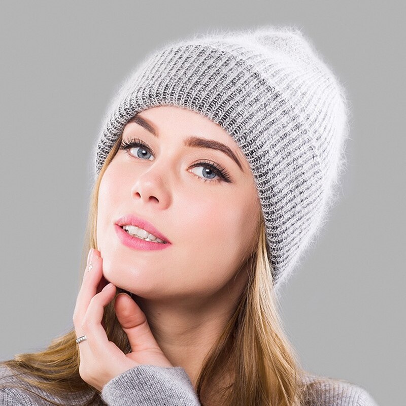 Vinter kvinders angola uld strikket hat varm uld beanie udendørs sport toppede cap uld cap