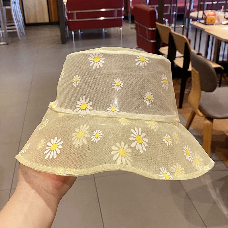 Sommer solbassin hat mesh blomster søde kvinder fiskerhat åndbar fiskerhat tusindfryd printede rejsekasketter: Gul