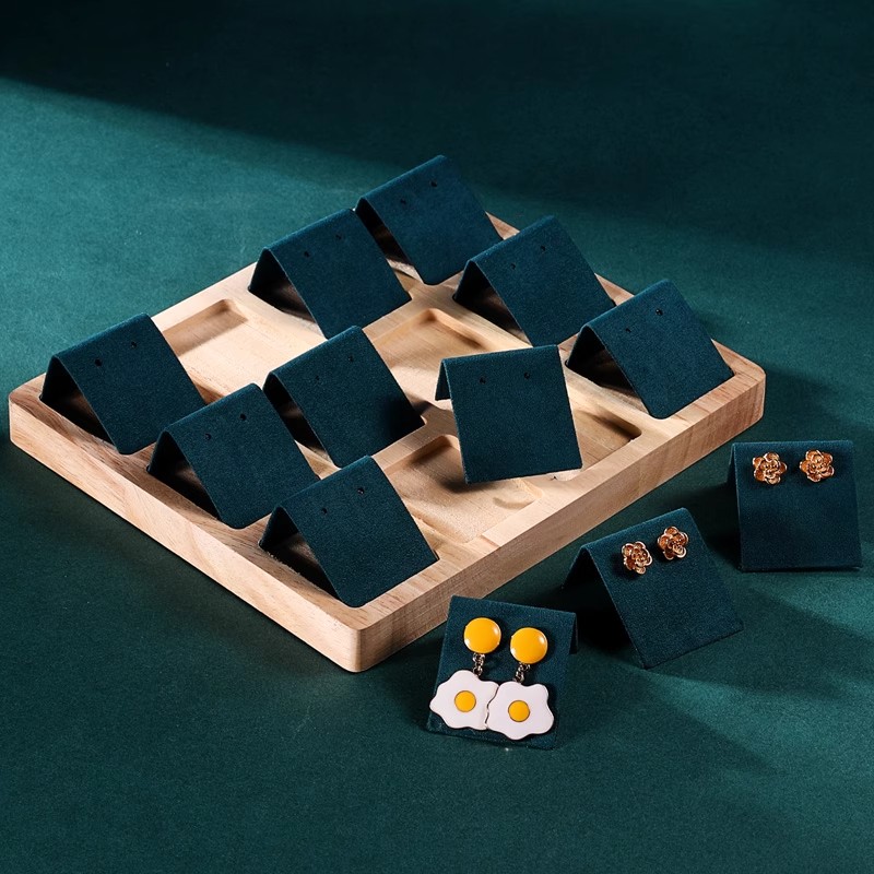 Bamboo Wood Earrings Display Stand DIY Velvet PU Leather Jewelry Storage Tray for Window Counter Props Show