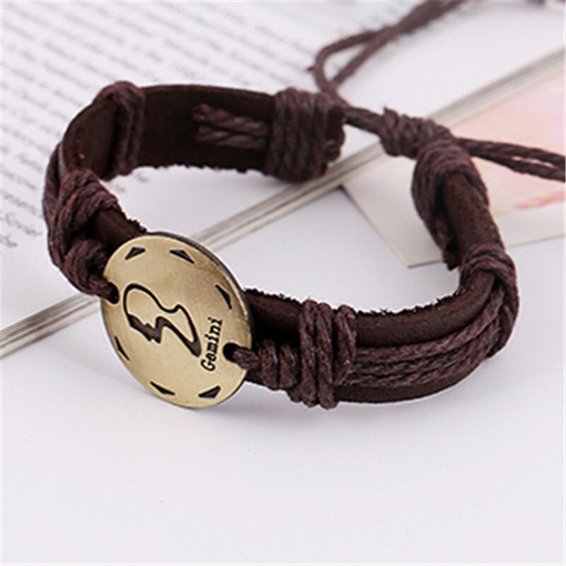 12 konstellationer armbånd smykker læder armbånd mænd afslappet personlighed stjernetegn punk armbånd: Tvilling