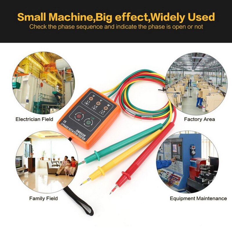 SM852B 3 Phase Rotation Tester Digital Phase Indicator Detector LED Buzzer Phase Sequence Meter Voltage Tester 60V~600V