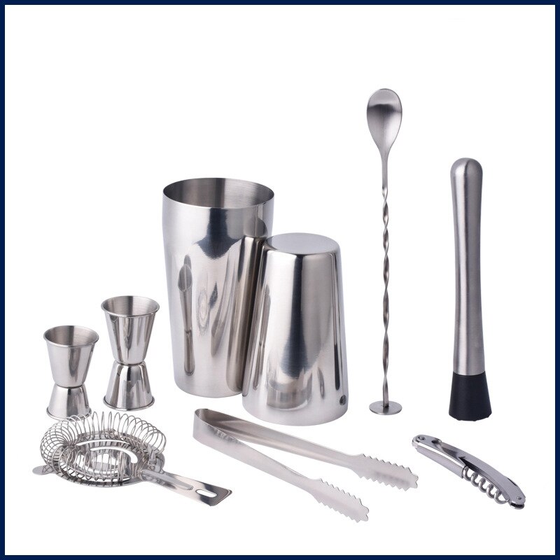 19PCS Stainless Steel Cocktail Shaker Blender Bartender Browser Kit Home Bar Bartender Setting Tool and Wine Wooden Rack Stand