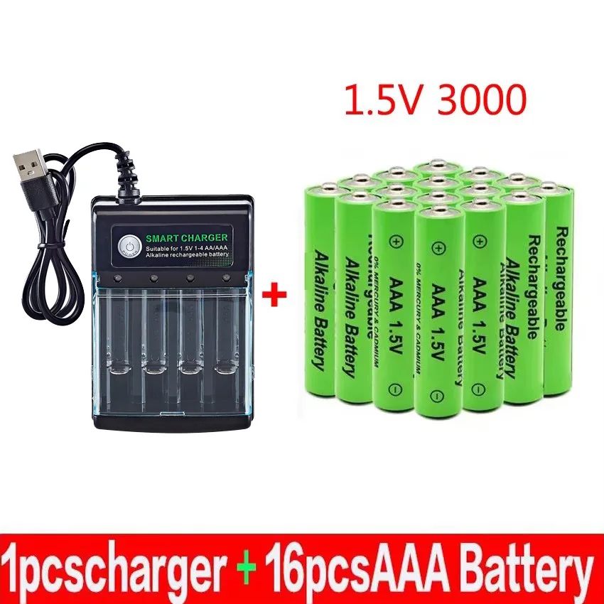 100 % neue AAA-Batterie, 3000 mAh, wiederaufladbarer Akku, AAA 1,5 V, 3000 mAh, wiederaufladbar, neue Alcalinas Drummey + Ladegerät: Rosa