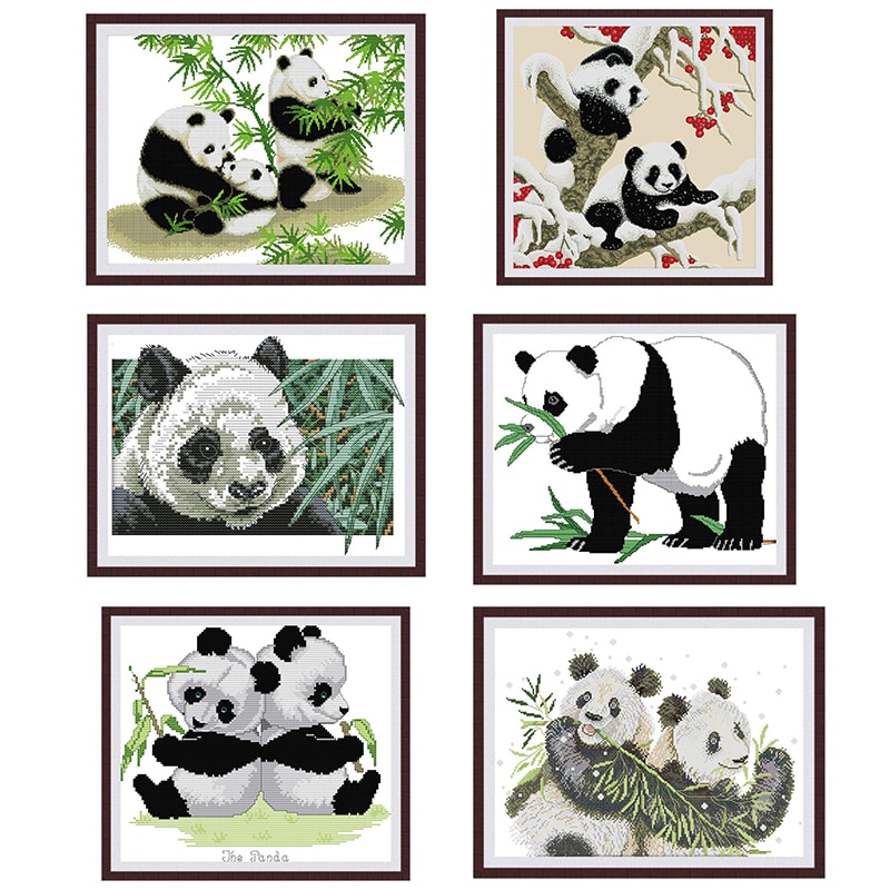 Söt panda djurmönster korsstygn set handarbete broderi kit vit canvas bomull broderi gör-det-själv heminredning målning