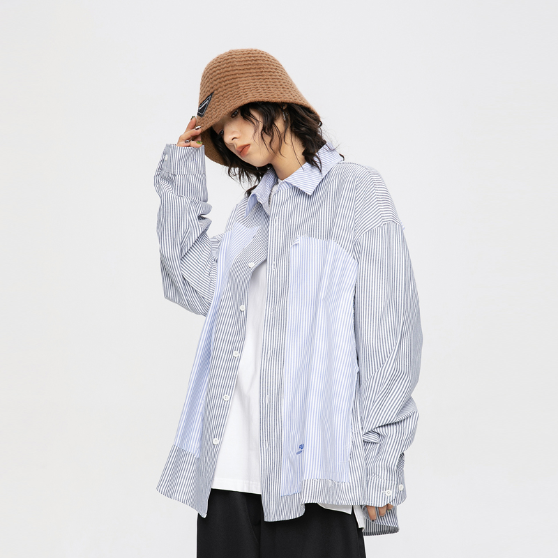Stripe Splice Shirts Men Loose Casual Long Sleeve Shirt City Boys Girls Streetwear Korean Hip Hop Shirt Oversize