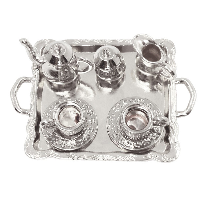 1: 12 poppenhuis Meubels Miniatuur Eetkamer Ware Speelgoed 8 Stuks Metalen Thee Set Theepot Cup Plaat Lengte 6.5cm: Zilver