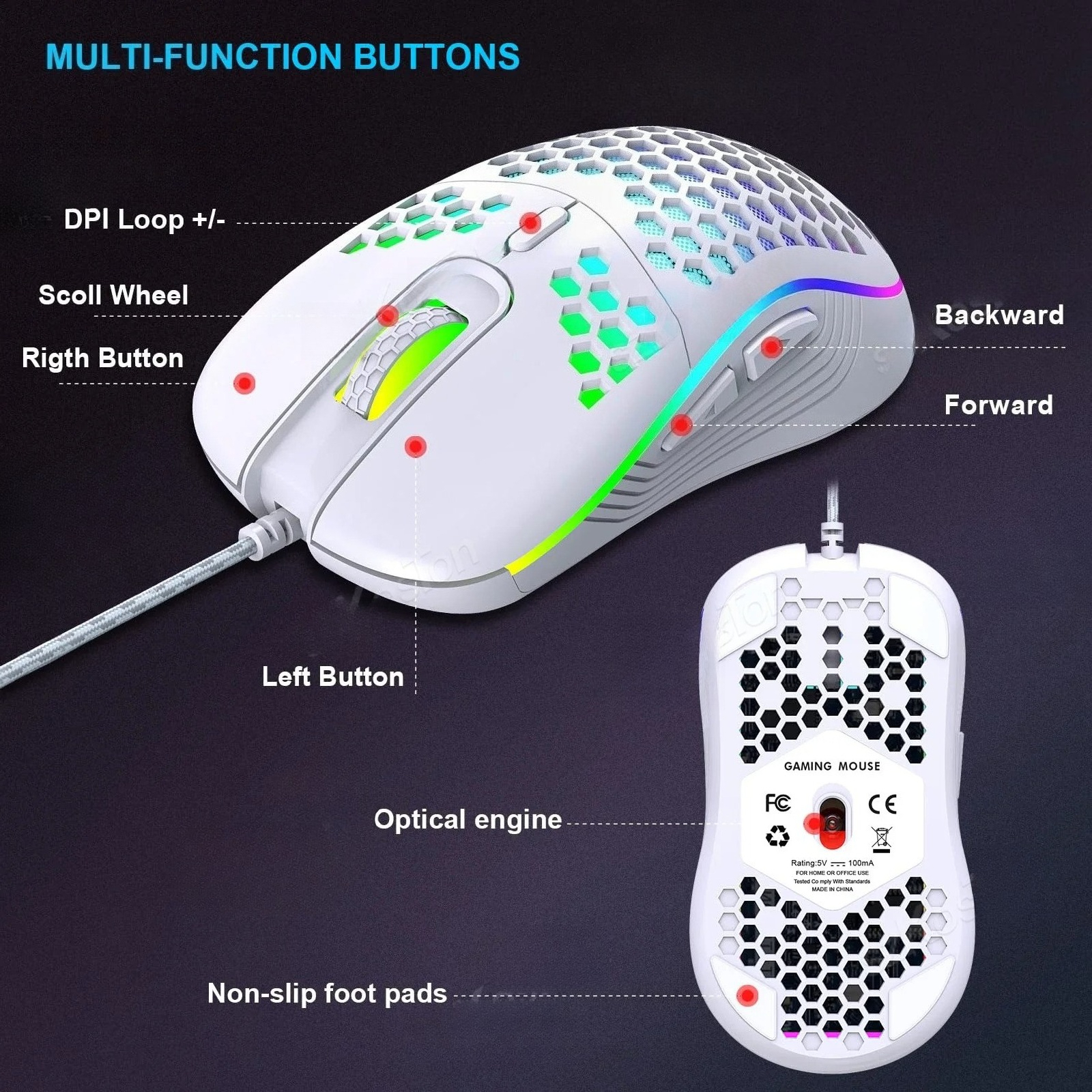 Wired/2.4G Wireless Mouse with RGB Backlit 6-button 3-speed DPI Type C Rechargeable Ergonomic Honeycomb Gaming Mouse