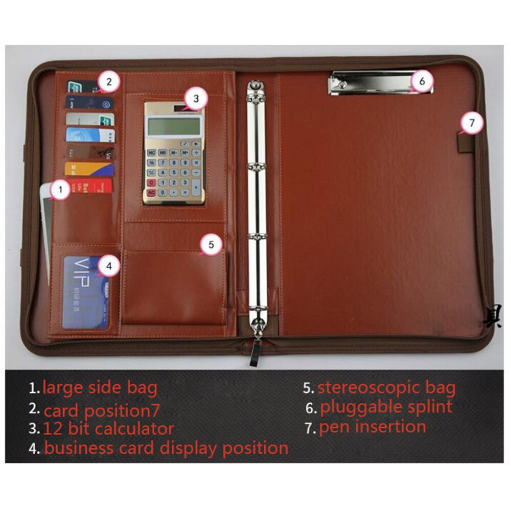 A4 mappe pu multifunktionel manager med lommeregner kontor forretning læder bærbar lynlås taske