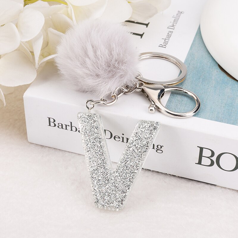 1 PC Sleutelhanger Zilver Kleur Engels Brief Sleutelhanger met Puffer Bal 26 Engels woord Glitter Hars A TOT Q Handtas bedels voor Vrouw: royal blue