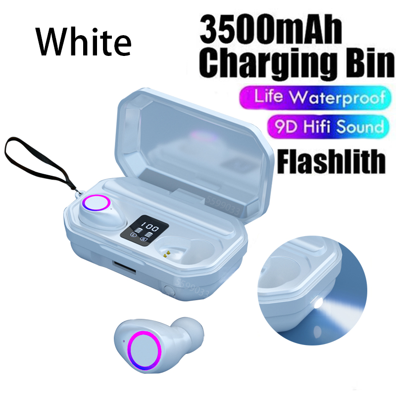3500mAh Bluetooth Earphones Wireless Headphones Touch Control LED With Microphone Sport Waterproof Headsets Earbuds Earphone: White LED Pro