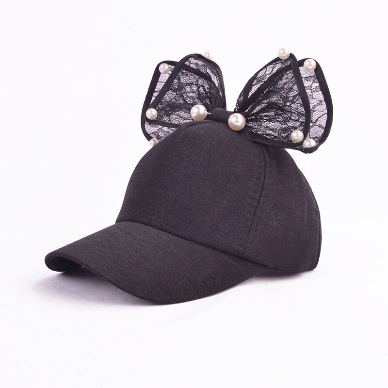 Lapin oreille enfants casquette de Baseball filles Snapback Protection solaire Hip Hop casquettes simulé perle grand arc enfants printemps été chapeau de soleil: black