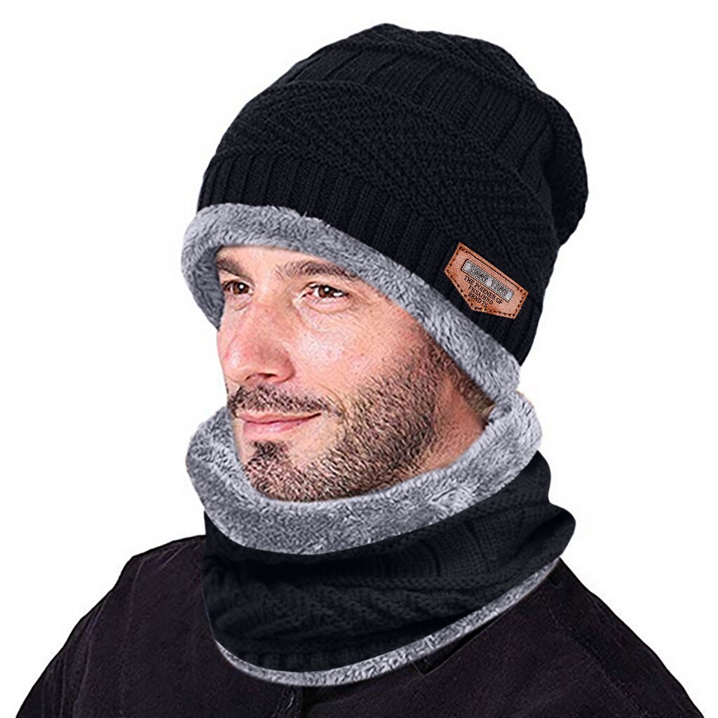 Men Warm Beanie Winter Thicken Hat And Scarf Two-piece Knit Windproof Winter Hat Outdoor Casual Sport Cap #35: BK