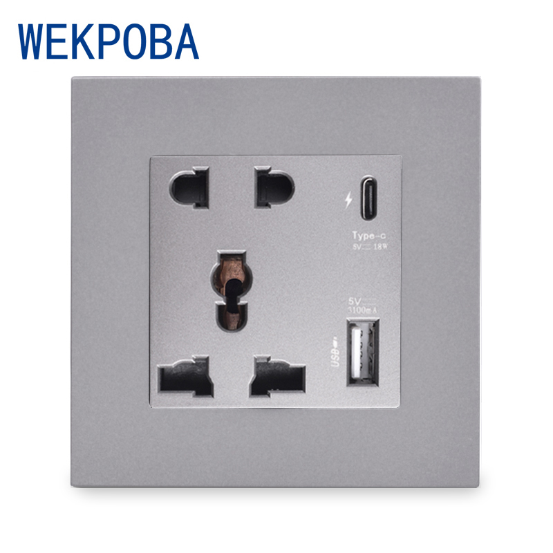 WEKPOBA Type-C Interface Socket 18W 4000mA Smart Quick Charge, Wall PC Panel Universal 5 Pin Power Outlet With USB: Grey