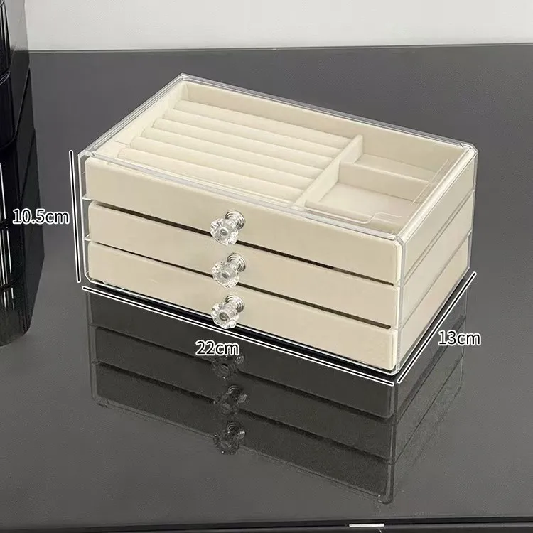 Acrylic Velvet Jewelry Organizer with 3 Drawers Stackable Display Storage Earrings Necklace Bracelets Box Holder Case for Women: Beige