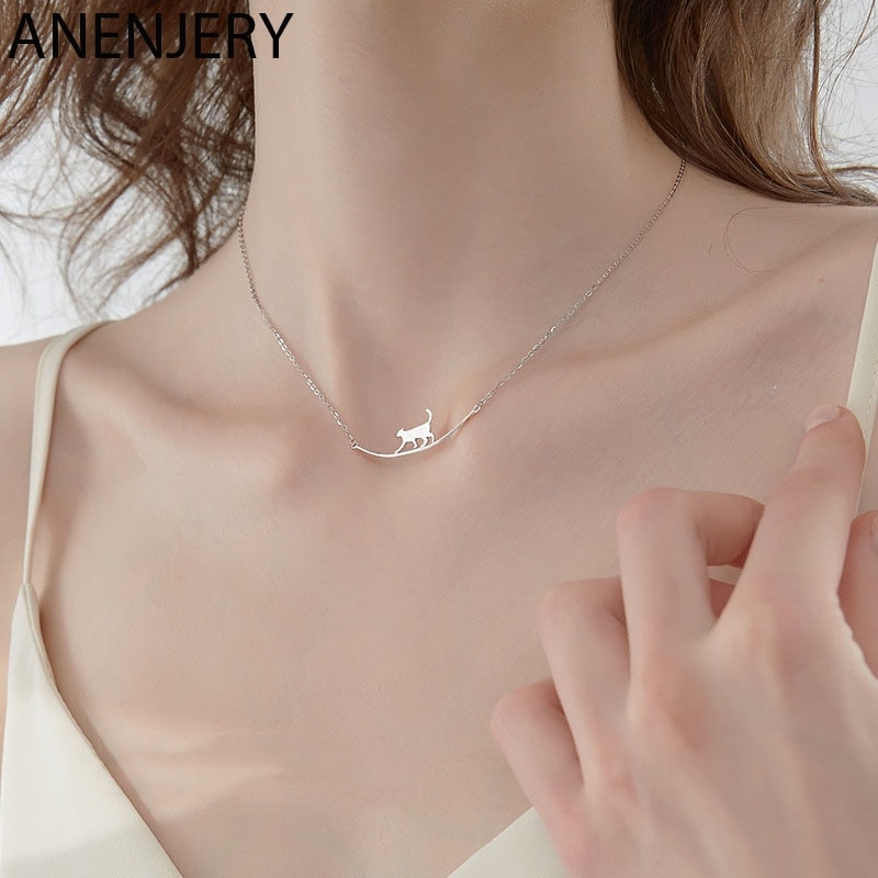 Anenjery dejlig sølv farve cat curve vedhæng halskæde til kvinder dyr halskæde smykker s -n685
