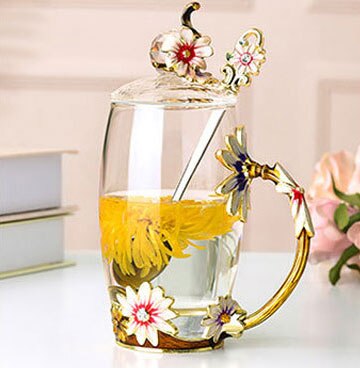 Varmebestandigt krystalglas krus, emalje glas krus, blomst te sæt kaffekop, vand mælk kaffe drinkware til: Lyserød