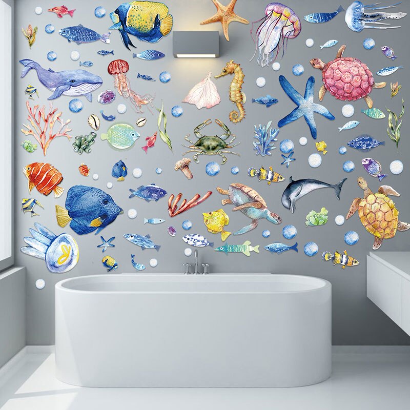Pegatinas de pared de mundo submarino de dibujos animados para habitaciones de niños, decoración de pared de baño, tiburón, medusas, animales marinos, calcomanías de pared para decoración del hogar DIY