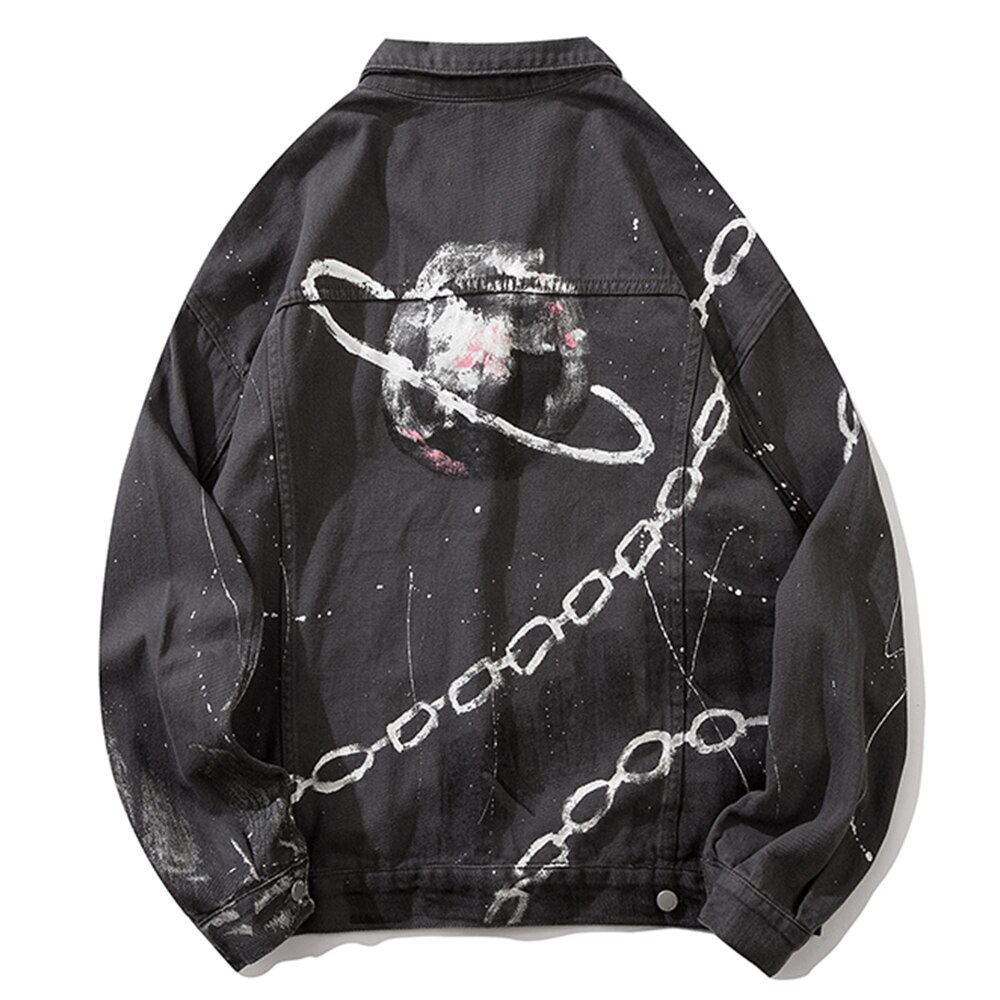 Aolamegs planet kjede trykt punk dongerijakke herre cowboykåper med flere lommer koselig high street hip hop hipster streetwear høst