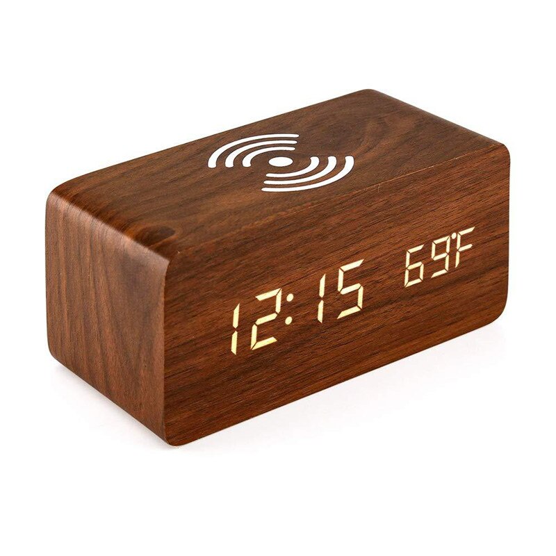 Wooden Digital Clock Sound Control Electronic Alarm Clock Led Mobile Phone Wireless Charging Wooden Clock: 3