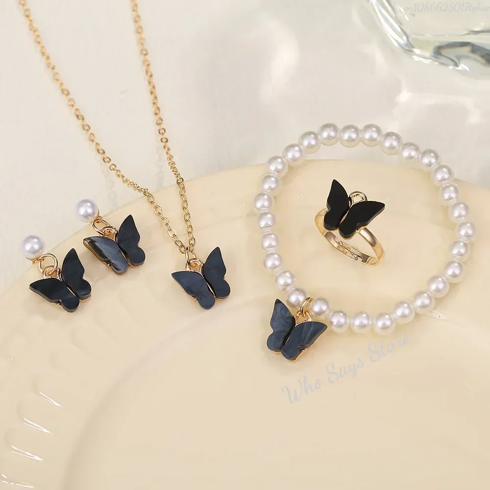 Ensembles de bijoux papillon en cristal acrylique, Bracelet romantique, bague, collier, boucles d'oreilles, accessoires pour robe de dîner de mariage pour femmes: Plaqué platine