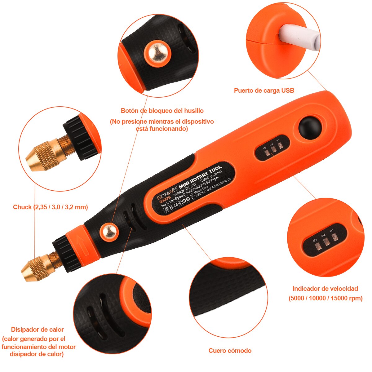 GOXAWEE-minitaladro eléctrico inalámbrico, grabador, amoladora para Dremel, accesorios, USB, rectificadora de velocidad variable, herramientas rotativas