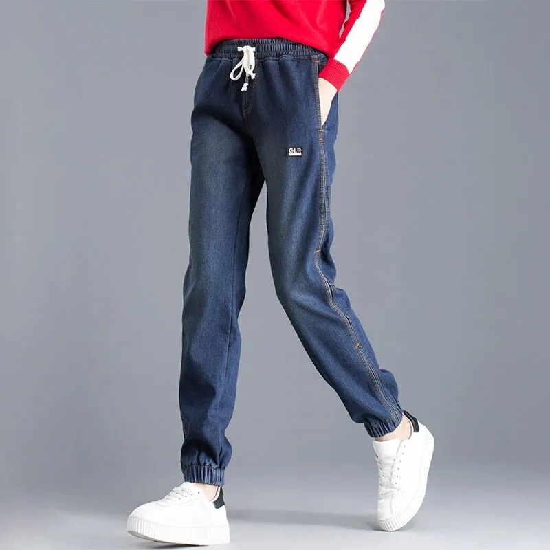 Casual Trekkoord Jogger Jeans Vrouwen Elastische Hoge Taille Boyfriend Harem Vaqueros Enkel Lengte Streetwear Oversized 34 Denim Broek: 26 / Black