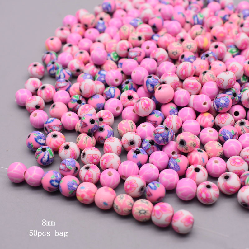 Cuentas de arcilla polimérica de 6/8/10mm, cuentas con estampado de flores, cuentas redondas sueltas para hacer joyería, pulsera DIY: Rojo oscuro