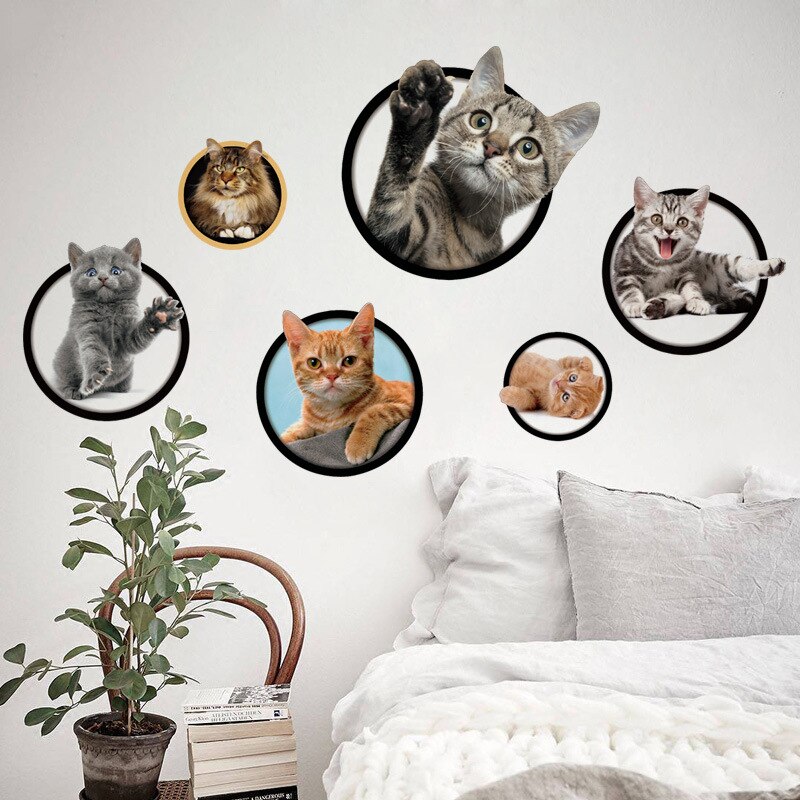 Chats 3D mur autocollant trou vue vive salon maison décoration animaux autocollants enfants chambre Stickers muraux affiche toilette