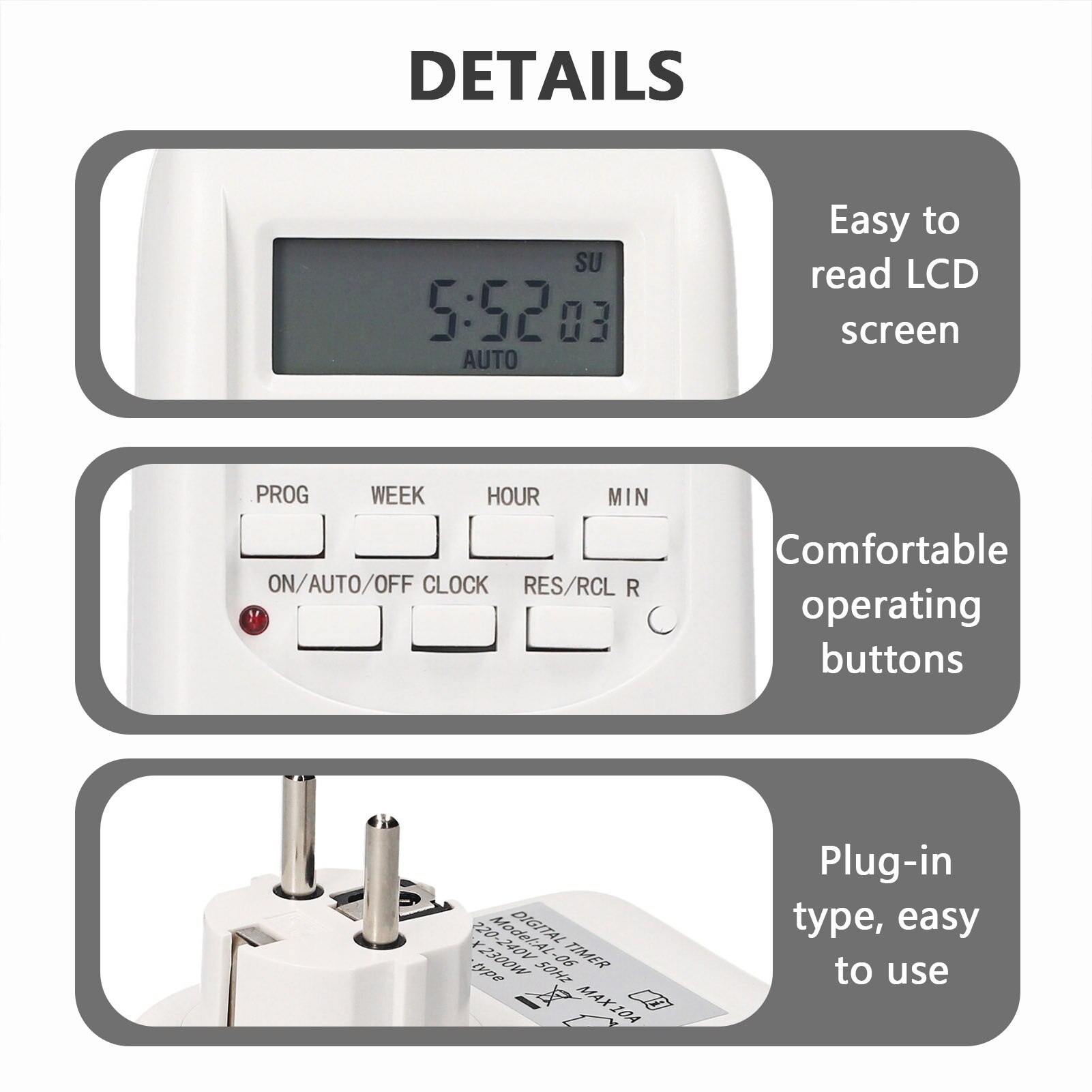 Plug-in Digital Timer Switch Weekly Programmable Electrical Timer Outlet 16 Independent ON/ OFF Programs (220V-240V, EU Plug)