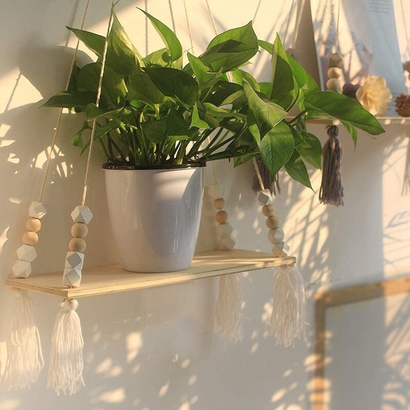 Wall Hanging Shelf, Set of 2 Cotton Rope Floating Shelves for Wall, Wood Organizer to Decorate Living Room/Bedroom