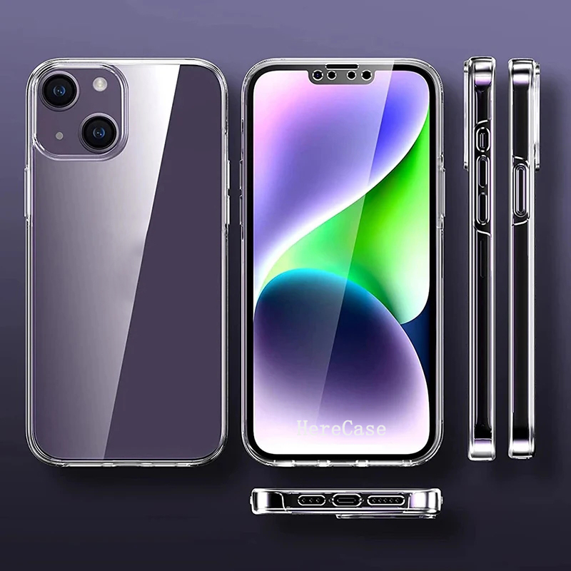 Coque de téléphone transparente avec film avant souple et coque de pare-chocs arrière en PC dur, protection complète à 360, iPhone 15 14 Plus 13 12 11 Pro XS Max X