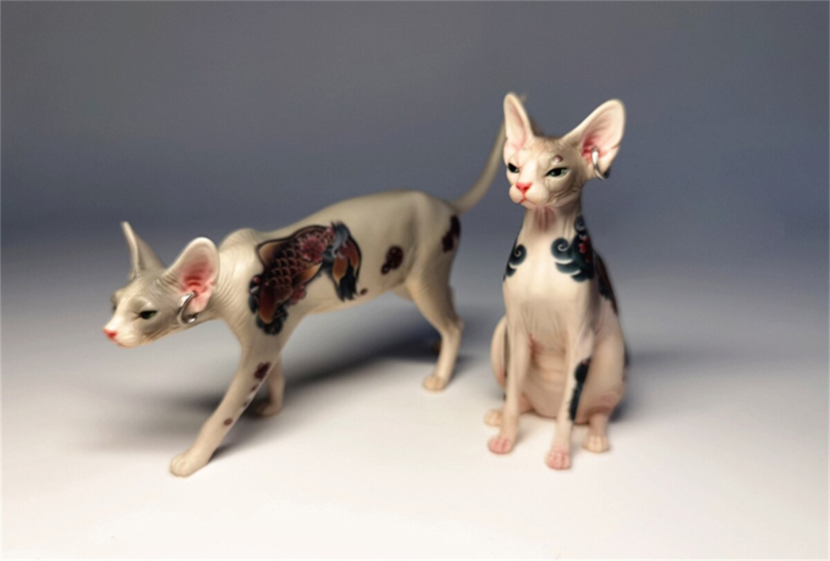 JxK 1:6 Scale Tattoo Canadian Hairless Cat Pet Sphynx Healing Figure Felidae Animal Collector Toy Resin Desktop Decoration