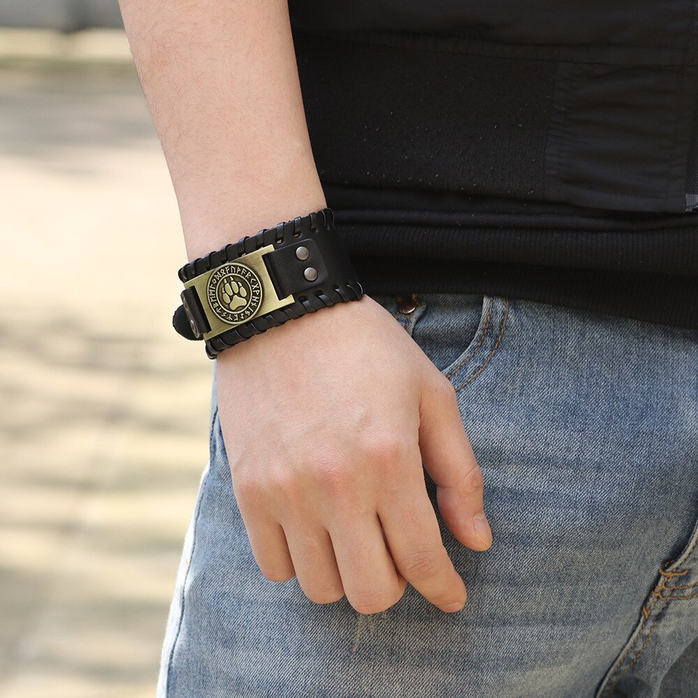 Nordic Viking Rune Beerpoot Patroon Armband Mannen Mode Metalen Lederen Geweven Sieraden Dier Accessoires Party