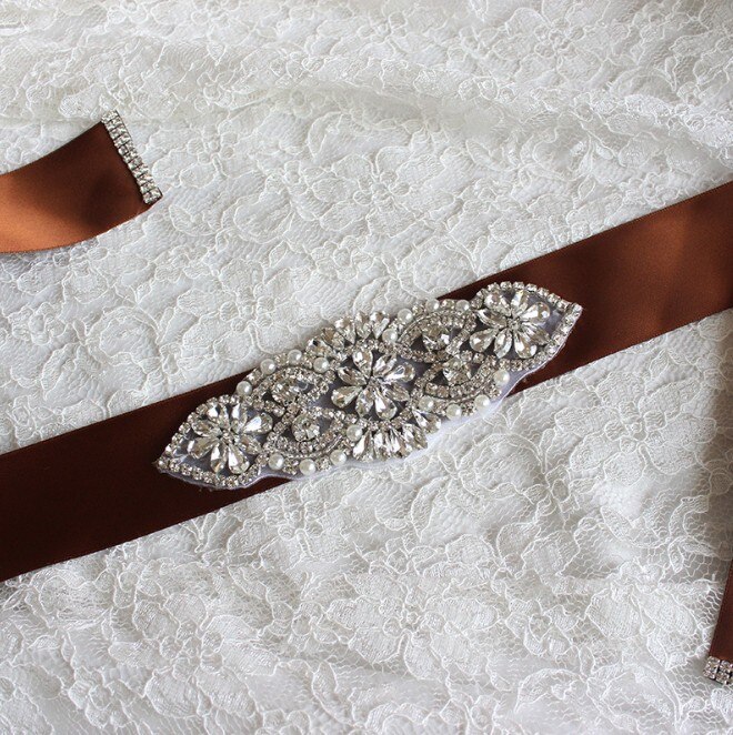 Brillant blanc Satin ceinture strass ceinture de mariée ceinture de mariage accessoire Applique pour soirée robes de bal décoration de mariage: Marron