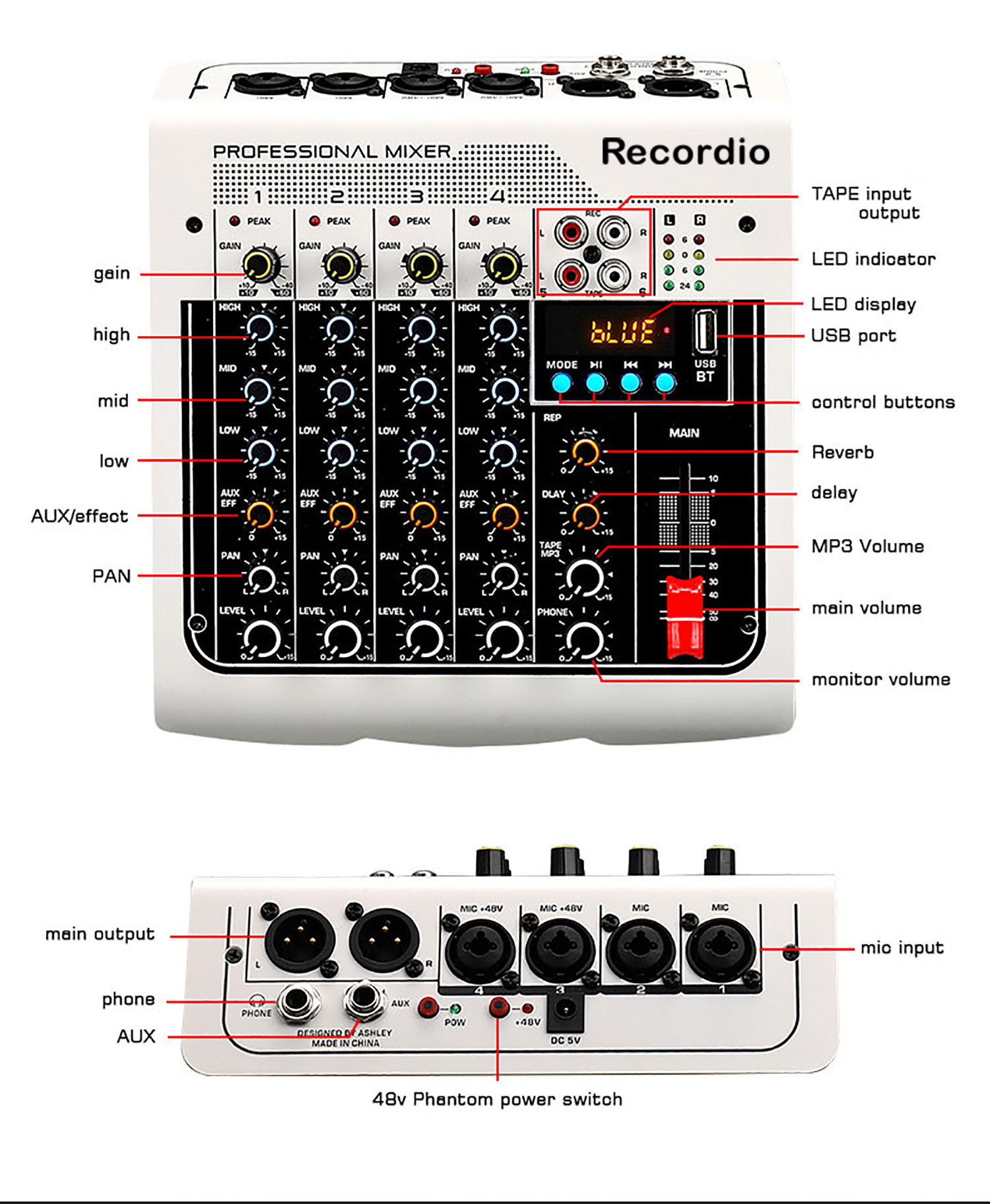 GAX-NJ6 2022 più nuovo Mini 6-mixer audio di USB di manica con il miscelatore multifunzionale di potere di fantasia di funzione 48V di Blueteeth