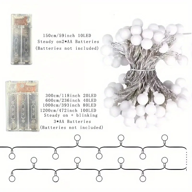 Guirnalda de luces LED con bola de alimentación por USB/batería de 12M, guirnalda de luces para exteriores, guirnaldas de luces para jardín, decoración navideña para bodas