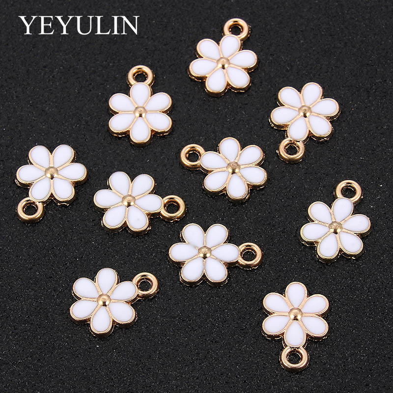 10PCs Gold-Ton Emaille Weiß Blume Charms Anhänger Öl Tropfen Für Frauen DIY Schmuck Ohrringe Halskette Zubehör