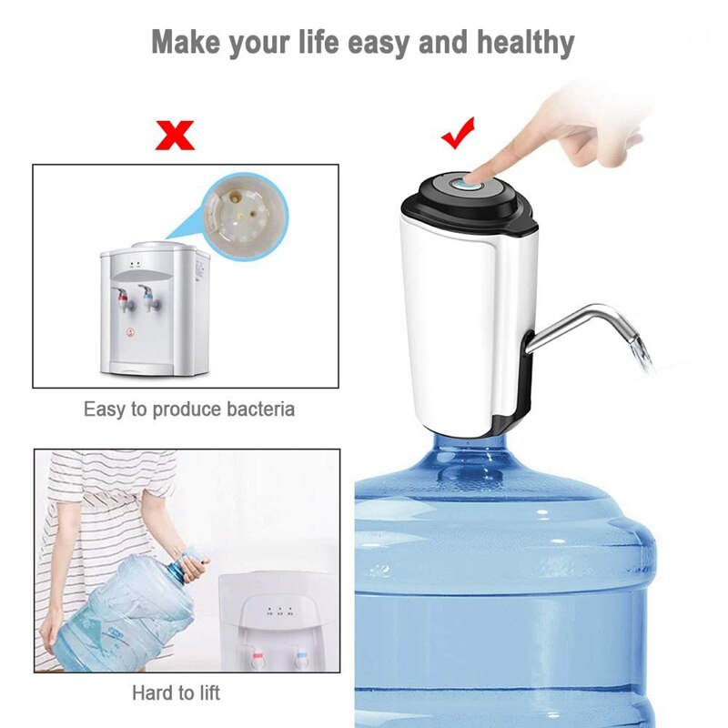 Vattenflaskpump bärbar vattendispenser elektrisk vattenkanna pump med usb-laddning för 2-5 liter flaska i kök / hem / offic