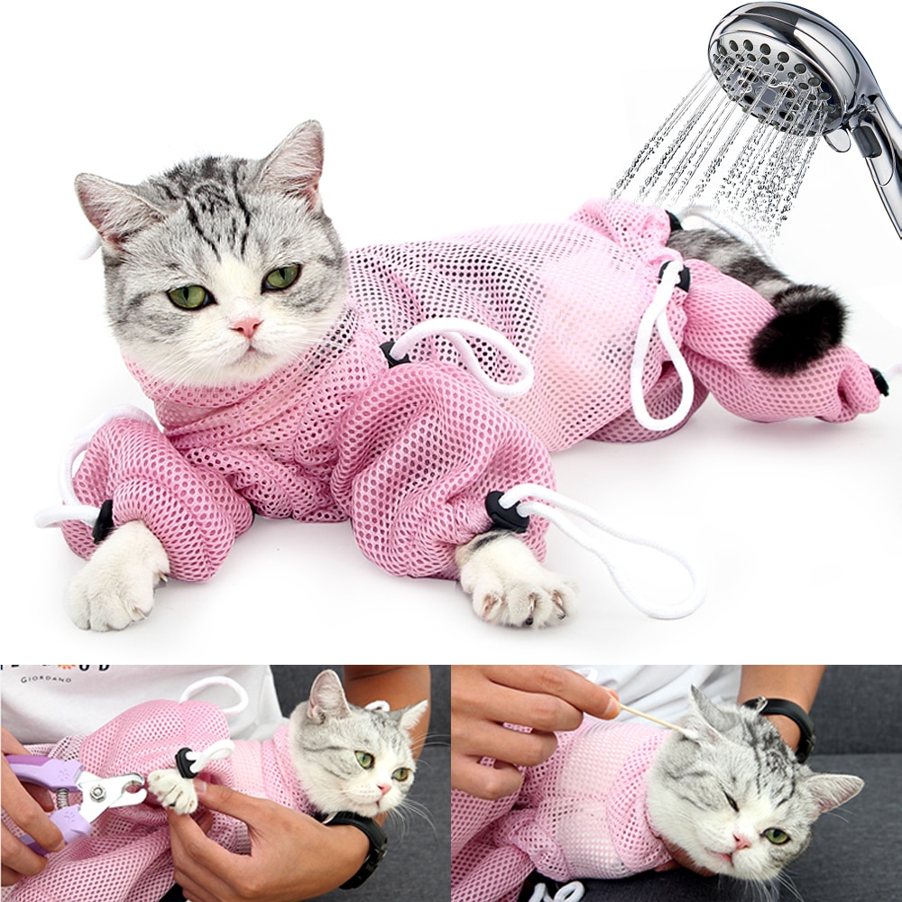 Mesh Cat Bathing Bag Cats Grooming Washing Bag Cat Bath Shower Clean Bag For Nail Trimming Injecting Anti Scratch Bite Restraint