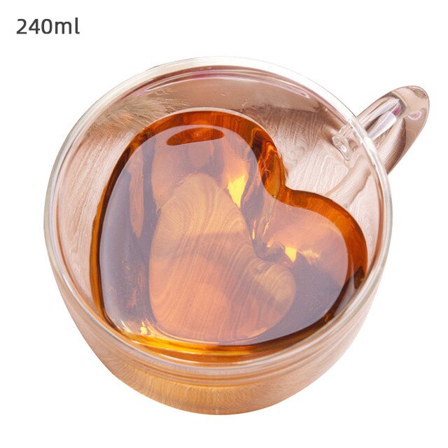 Double Layer Tea Cup Heat-resisting Heart-shaped Beer Mug Glass Whiskey Glass Juice Mug Milk Coffee Cup Drinking Glass: Heart 240ml