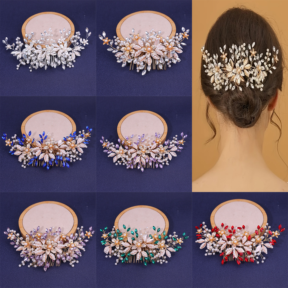 Peineta para el cabello hecha a mano con diamantes de imitación azules, diadema para mujer, Tiara, accesorios para el cabello, peines para el cabello de boda, adornos para la cabeza de boda