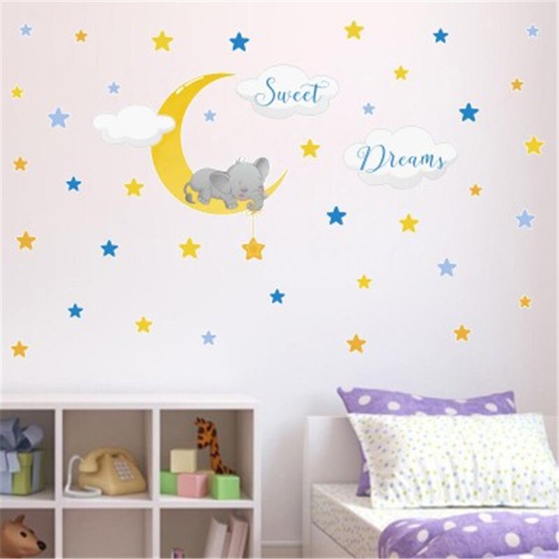 Éléphant lune étoiles doux rêve Stickers muraux pour enfants chambre décor à la maison fille chambre autocollants décoratifs bébé chambre décalcomanie autocollants