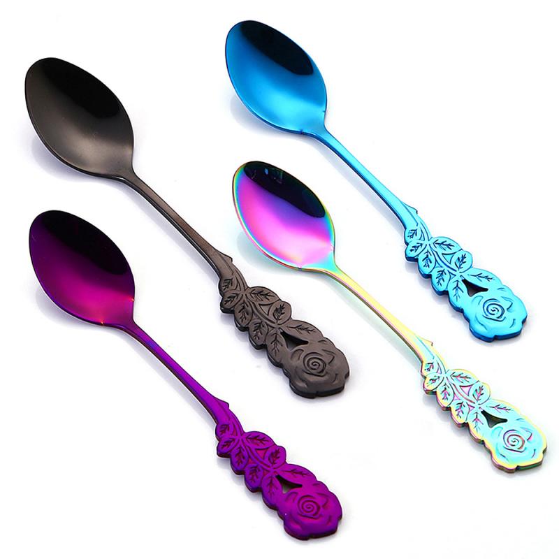 1pcs Stainless Steel Teaspoon Tea Ice Cream Spoon Coffee Dessert Spoon Cteative Rose Flower Handle Tableware Kitchen Gadget