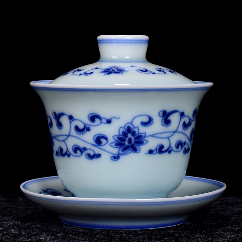 Chinese Blue and White Porcelain Gaiwan Handmade Teacup Exquisite Ceramic Tea Bowl Home Teaware Drinkware Personal Cup 200ml