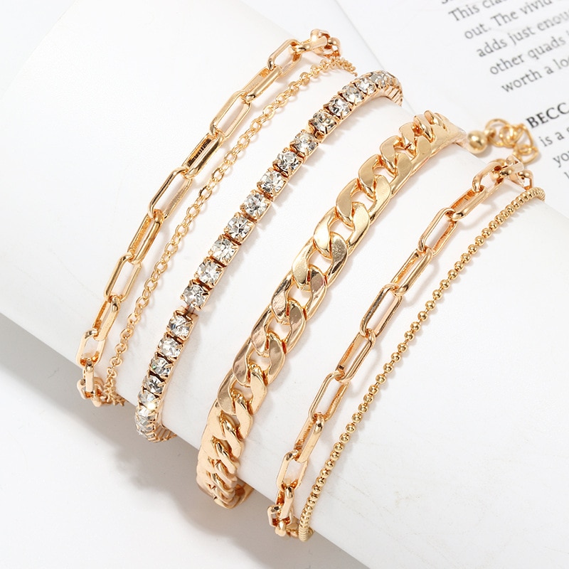 Fasion Punk Ankle bracelets Gold Color Anklets for Women Rhinestone Summer Beach on the Leg Accessories Cheville Foot Jewellery