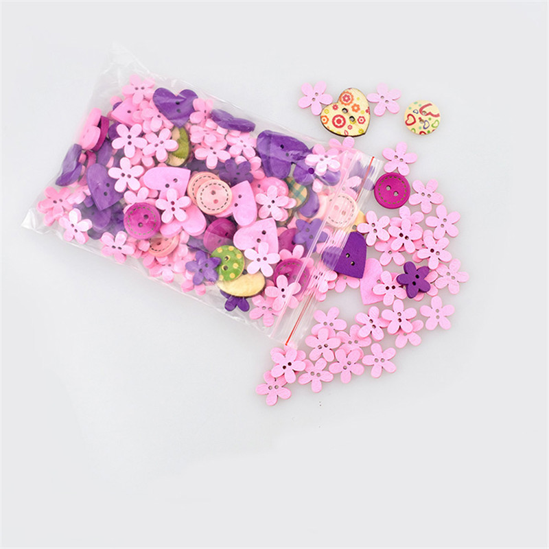 100 Pcs/Meerdere Gemengde 2 Gat Hout Knop Rode Ronde Hartvormige Patroon Decoratie Knop Voor Moeder Naaien diy Cut-Out Craft