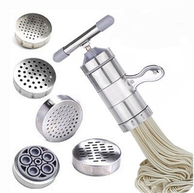 Rustfrit stål nudelmaskine pasta pressemaskine frugtjuicer spaghetti-værktøj køkkenredskaber med 5 presforme
